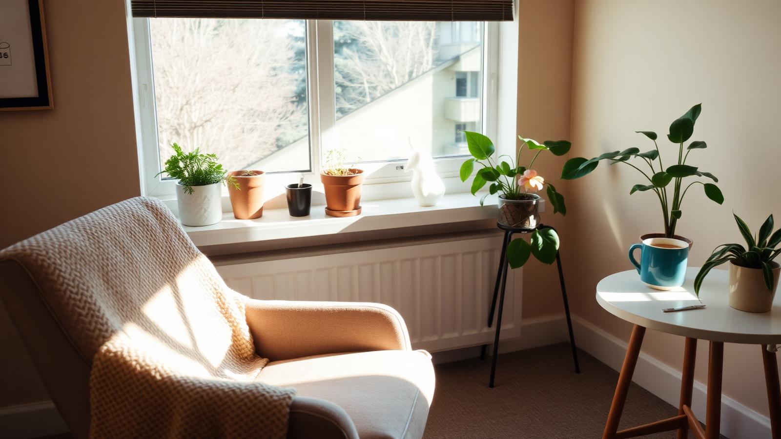 A quiet, sunlit counselling room with a soft armchair, blanket and a warm cup of tea