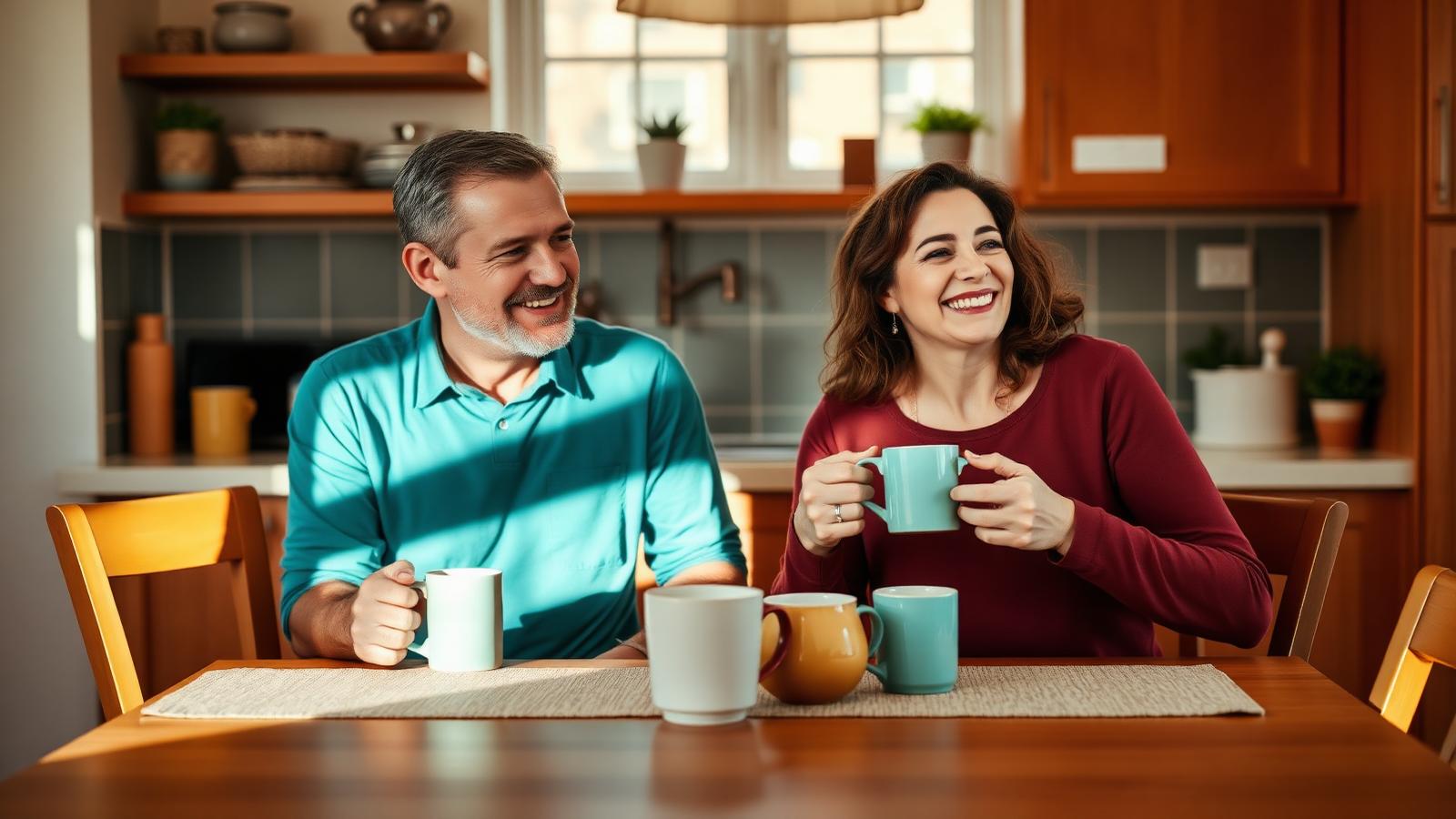 Two family members talking warmly over coffee at a kitchen table