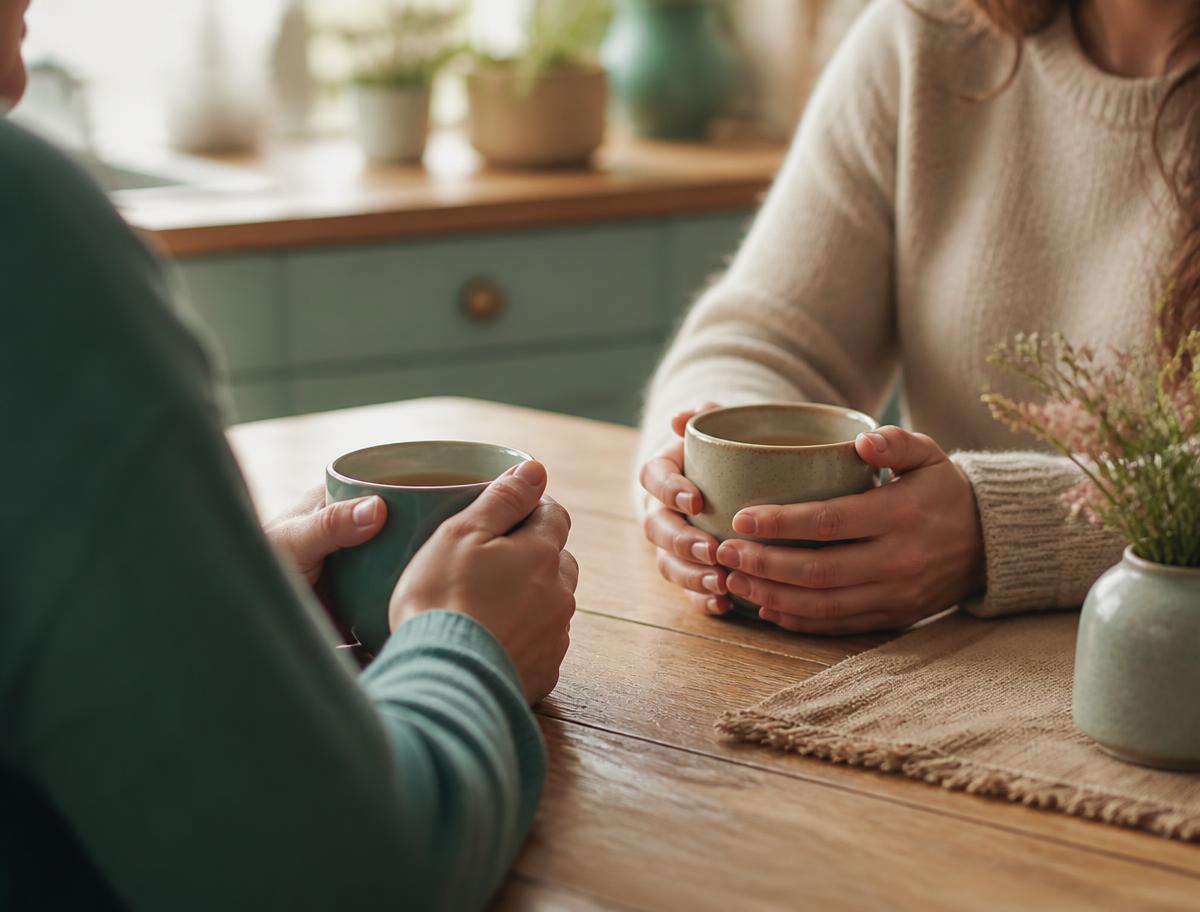 Two people sharing tea at a kitchen table during a supportive conversation