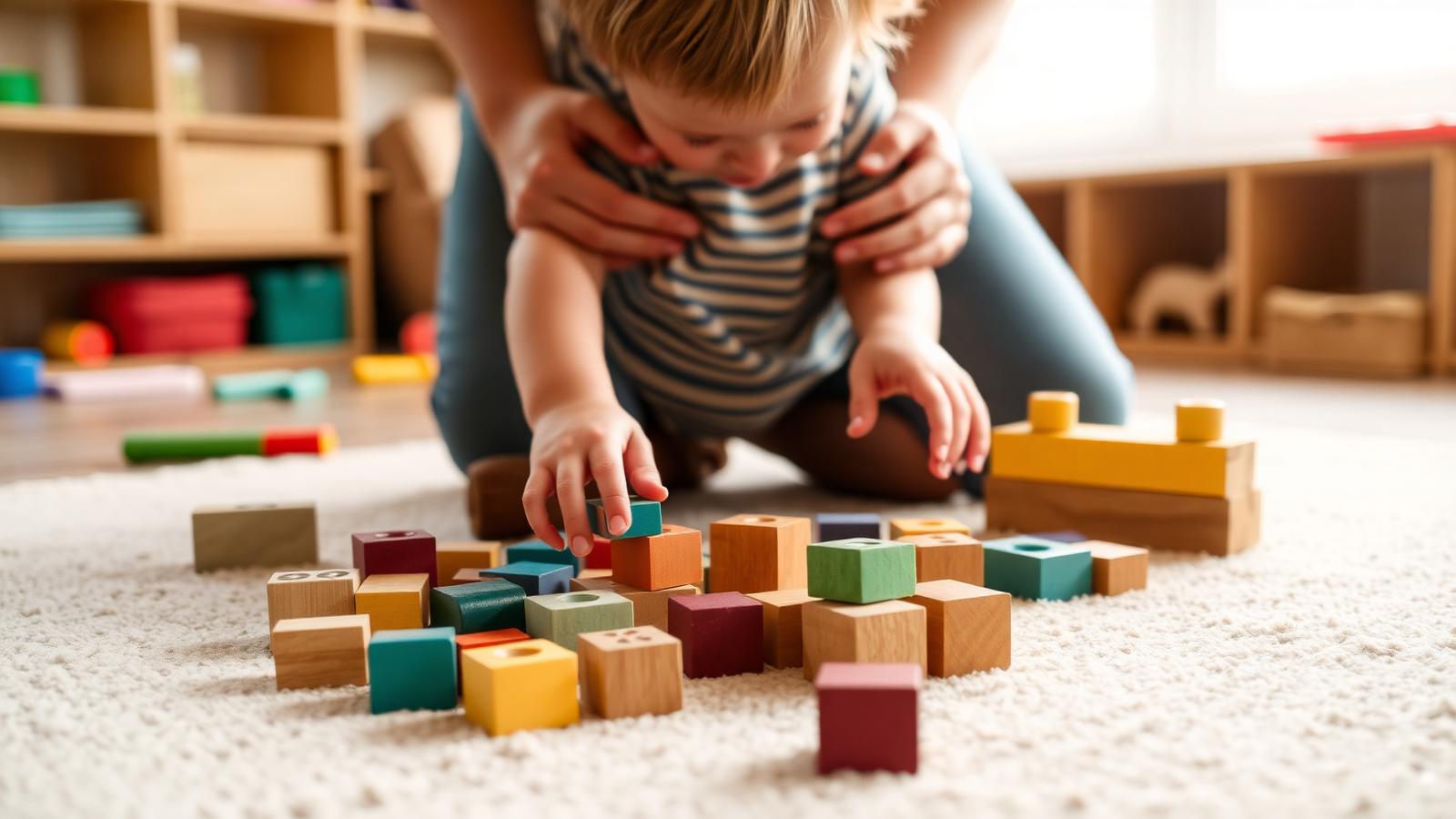 A child playing with wooden blocks on a rug beside a supportive adult