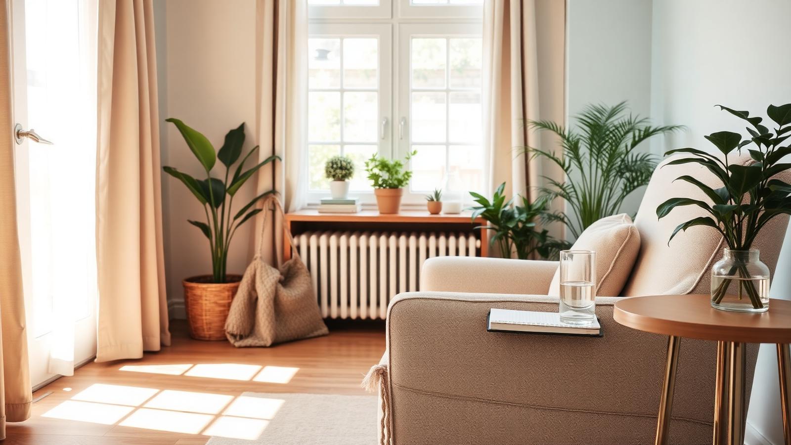 A bright, calm living room set up comfortably for care at home