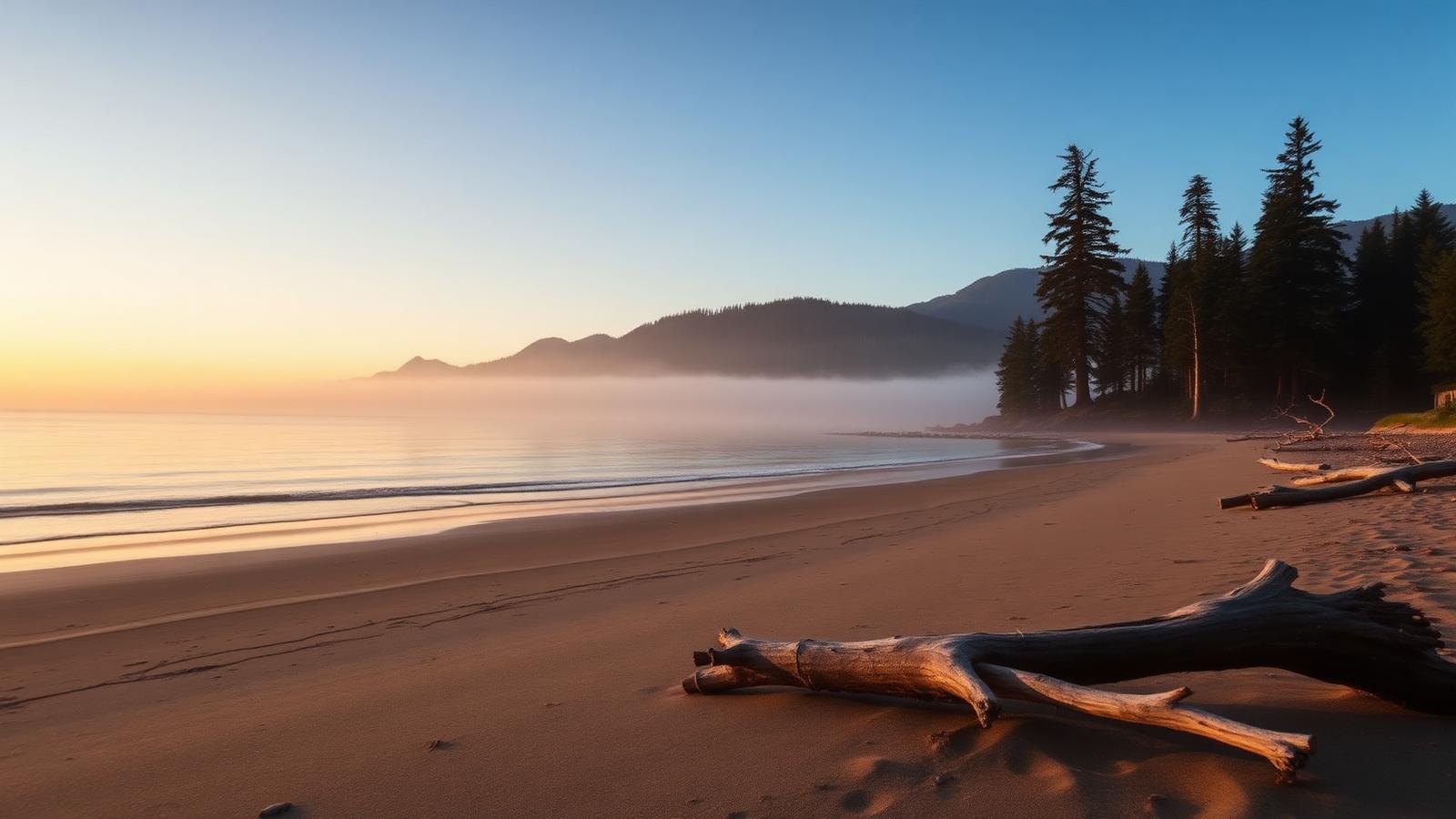 A peaceful Pacific Northwest shoreline at sunrise with cedar trees and driftwood