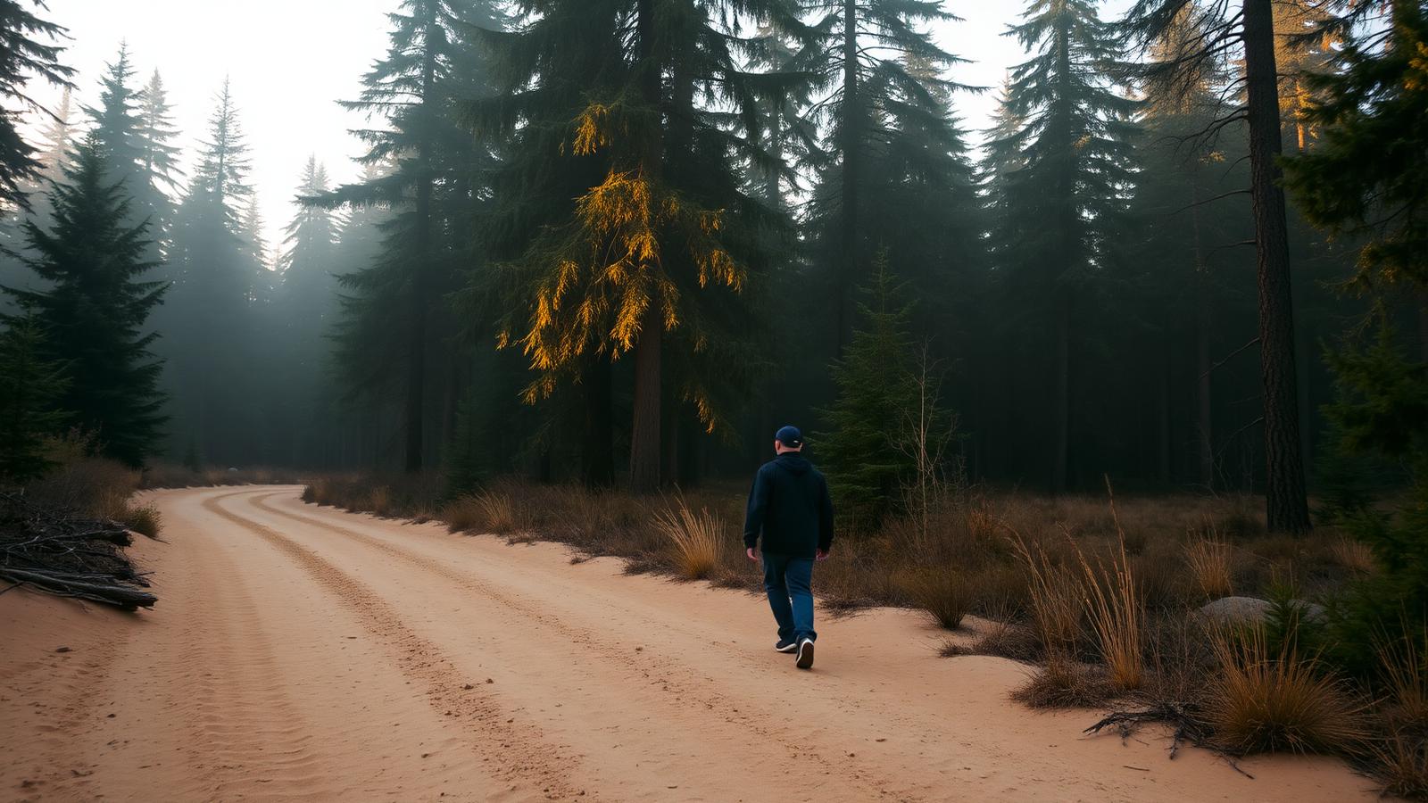 A person walking a misty evergreen forest trail at golden hour