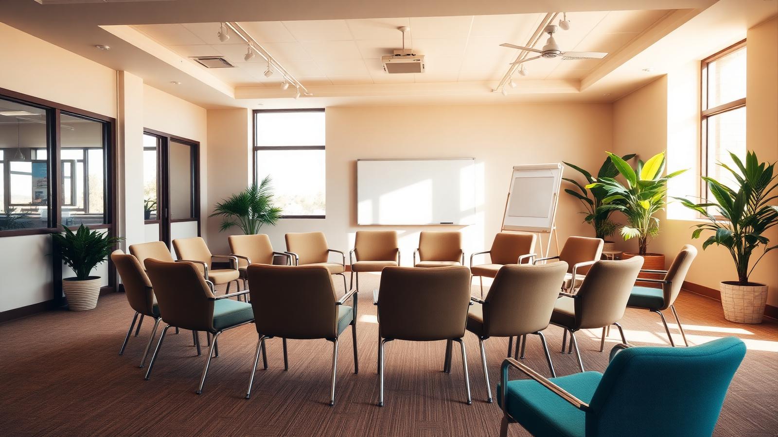 A welcoming group meeting room with a circle of chairs and large windows