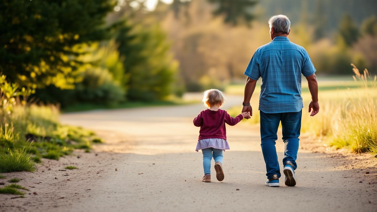 A parent and young child walking hand in hand along a sunlit park path